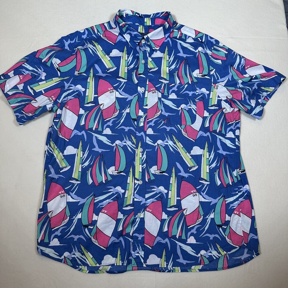 Vineyard Vines Shirt Mens Large Sailboat Nautical Print Button Up Short Sleeve - Picture 2 of 8